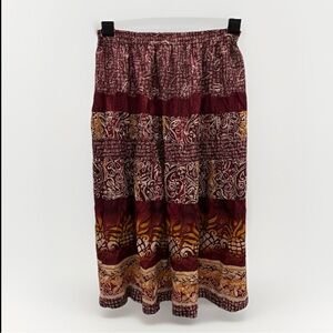 Carole Little 100% Silk Skirt Size 14W MIDI Tiered Red Gold Boho Hippie